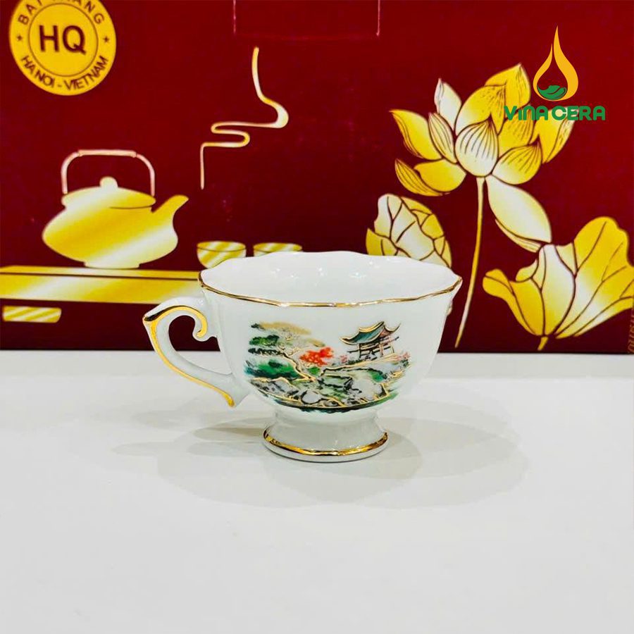 Bộ ấm Trà Bát Tràng Kẻ Vàng Hoa Văn Sơn Thủy (5) Bộ ấm Trà Bát Tràng Kẻ Vàng Hoa Văn Sơn Thủy VN AC 55