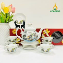 Bộ ấm Trà Bát Tràng Kẻ Vàng Hoa Văn Sơn Thủy VN AC 55 Bộ ấm Trà Bát Tràng Kẻ Vàng Hoa Văn Sơn Thủy VN AC 55