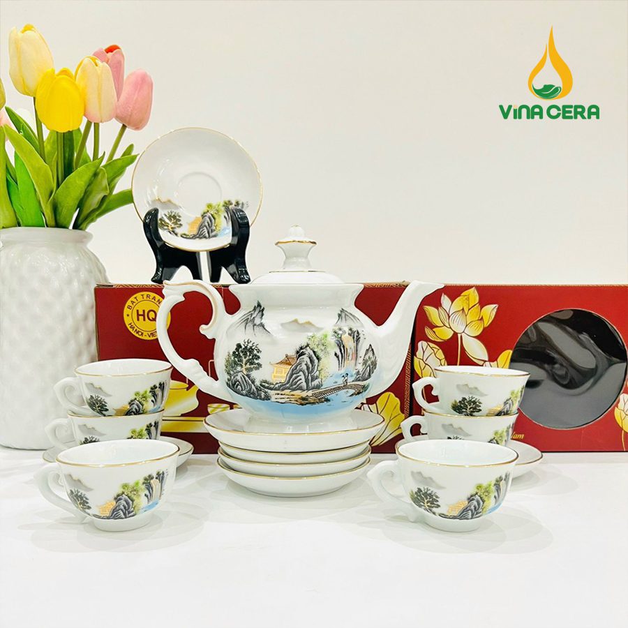 Bộ ấm Trà Bát Tràng Kẻ Vàng Hoa Văn Sơn Thủy (6) Bộ ấm Trà Bát Tràng Kẻ Vàng Hoa Văn Sơn Thủy VN AC 55
