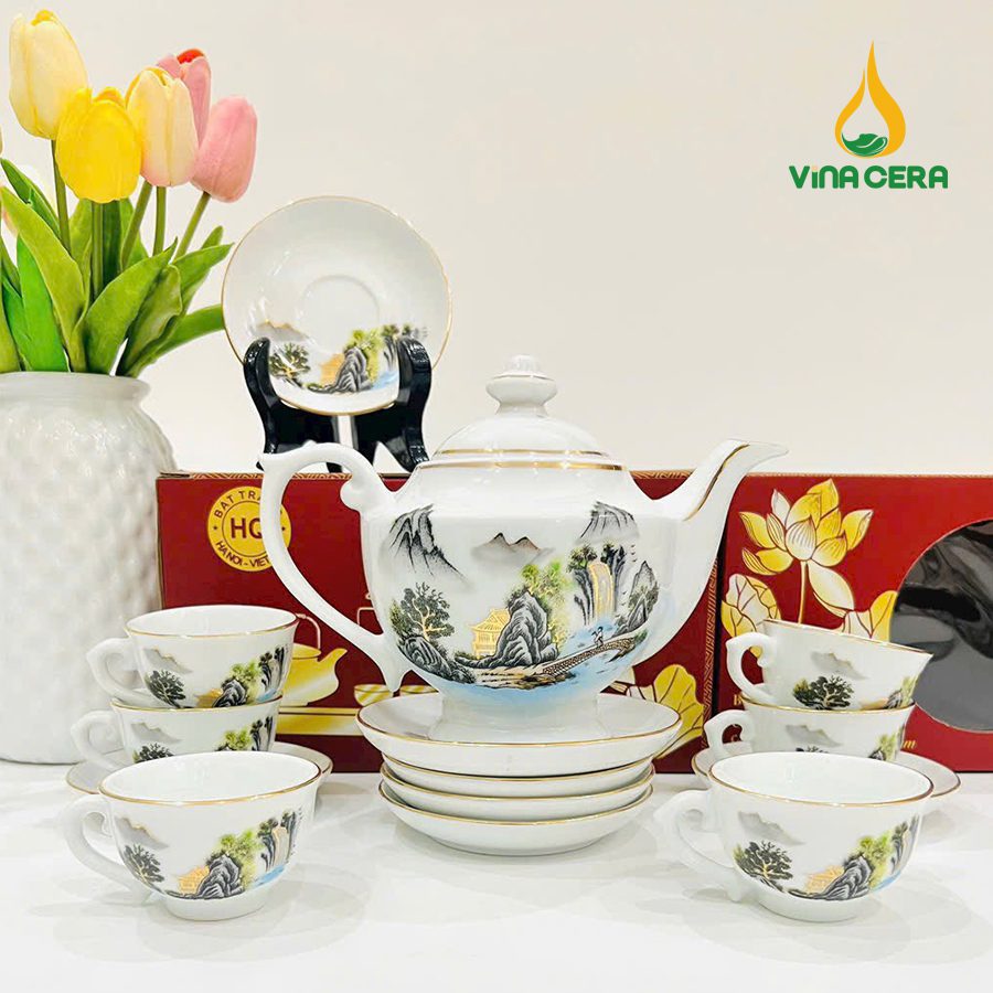 Bộ ấm Trà Bát Tràng Kẻ Vàng Hoa Văn Sơn Thủy (7) Bộ ấm Trà Bát Tràng Kẻ Vàng Hoa Văn Sơn Thủy VN AC 55