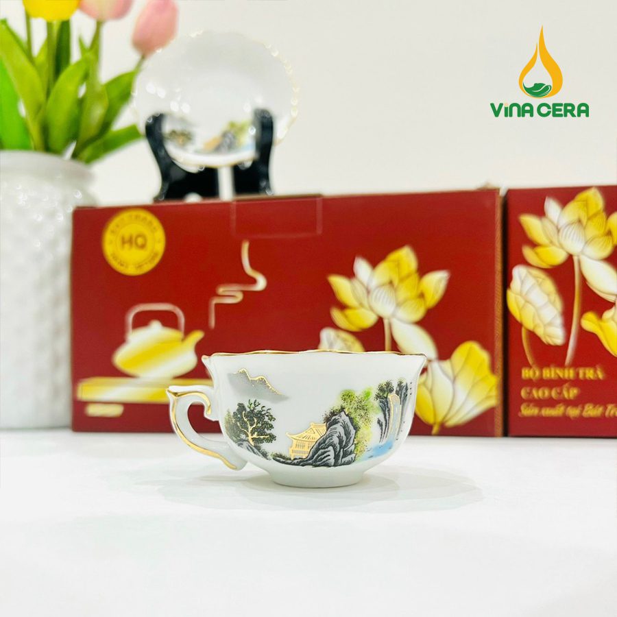 Bộ ấm Trà Bát Tràng Kẻ Vàng Hoa Văn Sơn Thủy (9) Bộ ấm Trà Bát Tràng Kẻ Vàng Hoa Văn Sơn Thủy VN AC 55