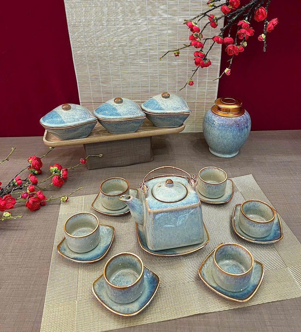 Ấm Chén Hỏa Biến Là Gì? Ấm Chén Hoả biến Bát Tràng Bộ ấm chén Hỏa Biến vân đá