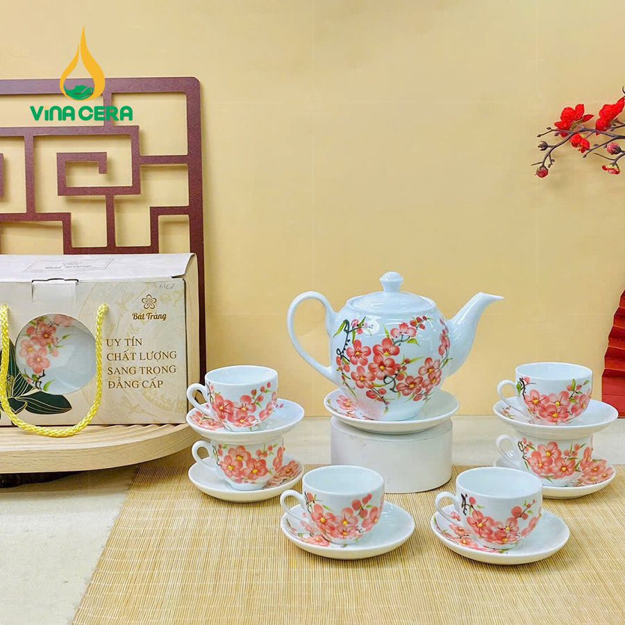 Bộ ấm chén vẽ hoa mai đỏ cao cấp Bát Tràng Bộ ấm chén vẽ hoa mai đỏ cao cấp Bát Tràng