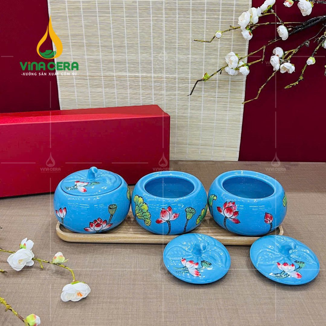 Khay đựng mứt tết bằng sứ mua ở đâu ? giá bán bao nhiêu tiền ? Bộ Hũ Đựng Mứt Sứ Tròn Nắp Trái Bí