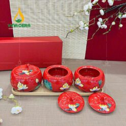 Bộ Hũ Đựng Mứt Sứ Tròn Nắp Trái Bí