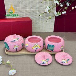 Bộ Hũ Đựng Mứt Sứ Tròn Nắp Trái Bí
