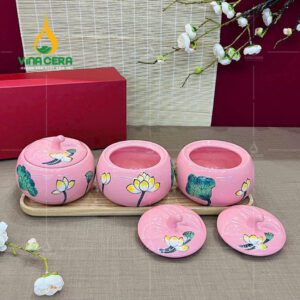 Khay mứt gốm sứ đẹp – cao cấp mua ở đâu, giá bao nhiêu ? Bộ Hũ Đựng Mứt Sứ Tròn Nắp Trái Bí