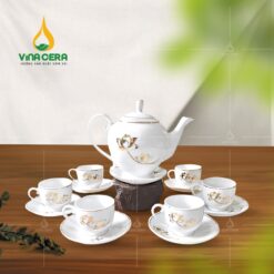 Bộ trà Camelia Sen Vàng kẻ chỉ vàng in logo VNAC12