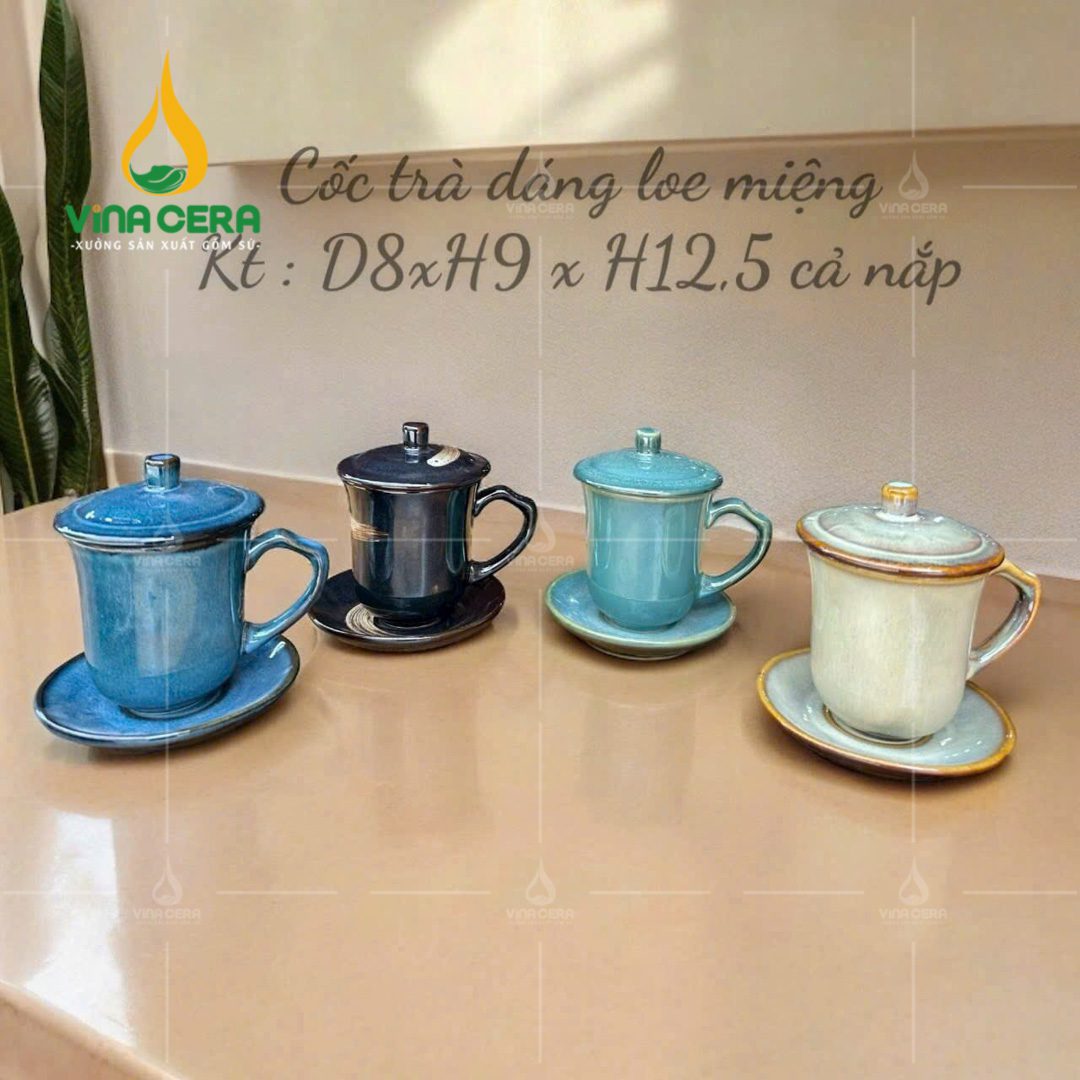 Ly sứ miệng loe có nắp men hỏa biến
