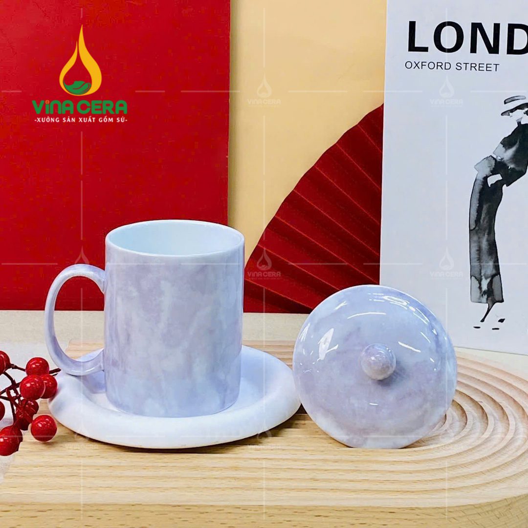 Ly sứ quai C men vân đá có nắp