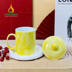 Ly sứ quai C men vân đá có nắp