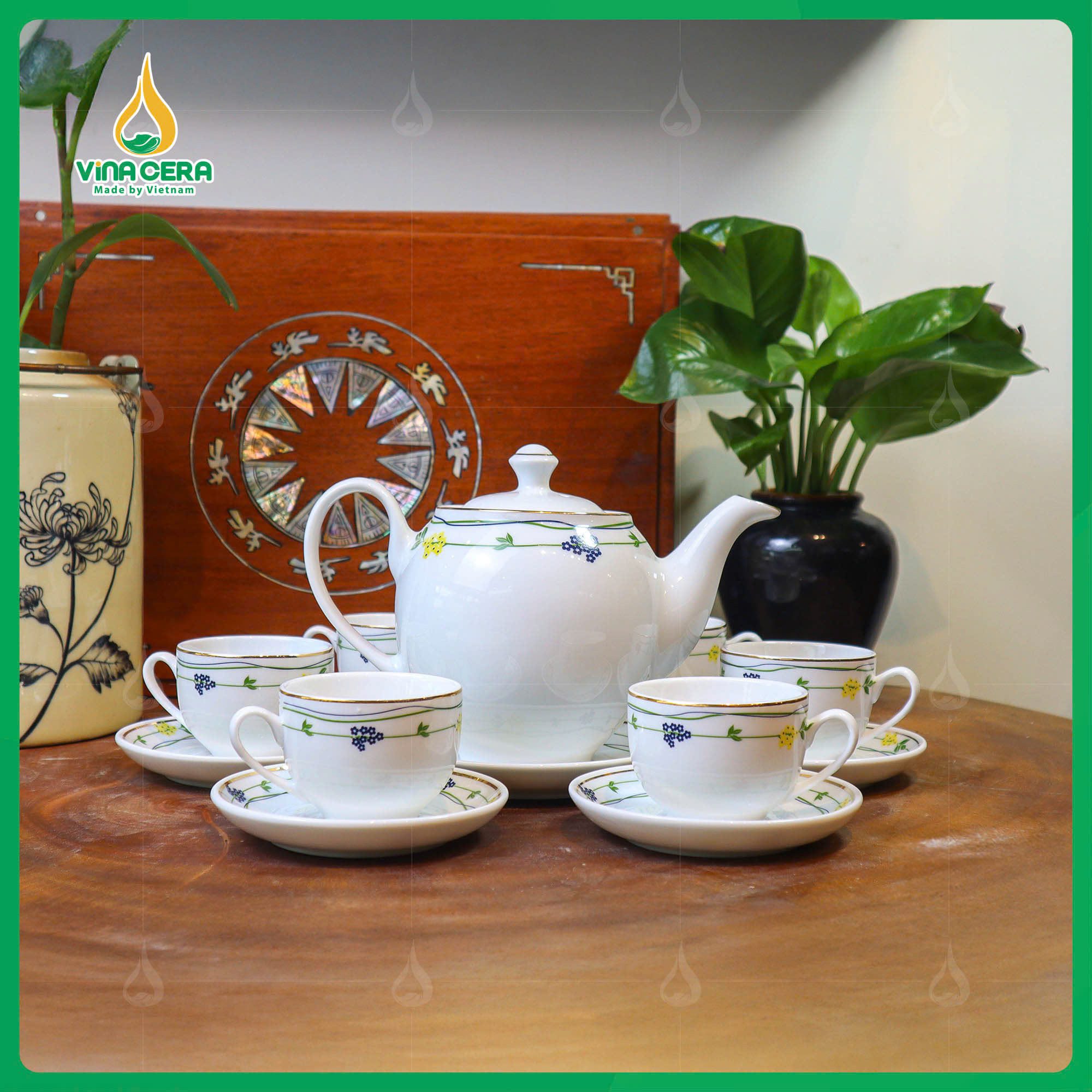 Bộ Ấm Chén Viền Dây Hoa dáng Minh Long (1) Bộ Ấm Chén Viền Dây Hoa dáng Minh Long