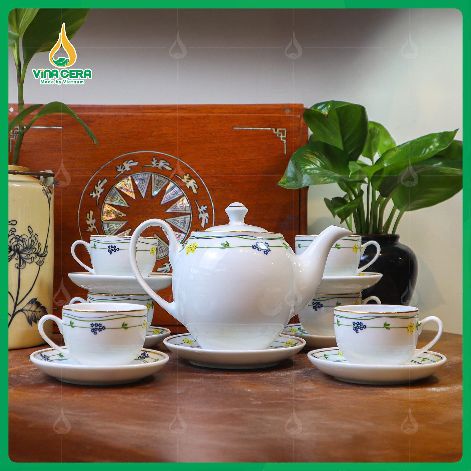Bộ Ấm Chén Viền Dây Hoa dáng Minh Long (2) Bộ Ấm Chén Viền Dây Hoa dáng Minh Long