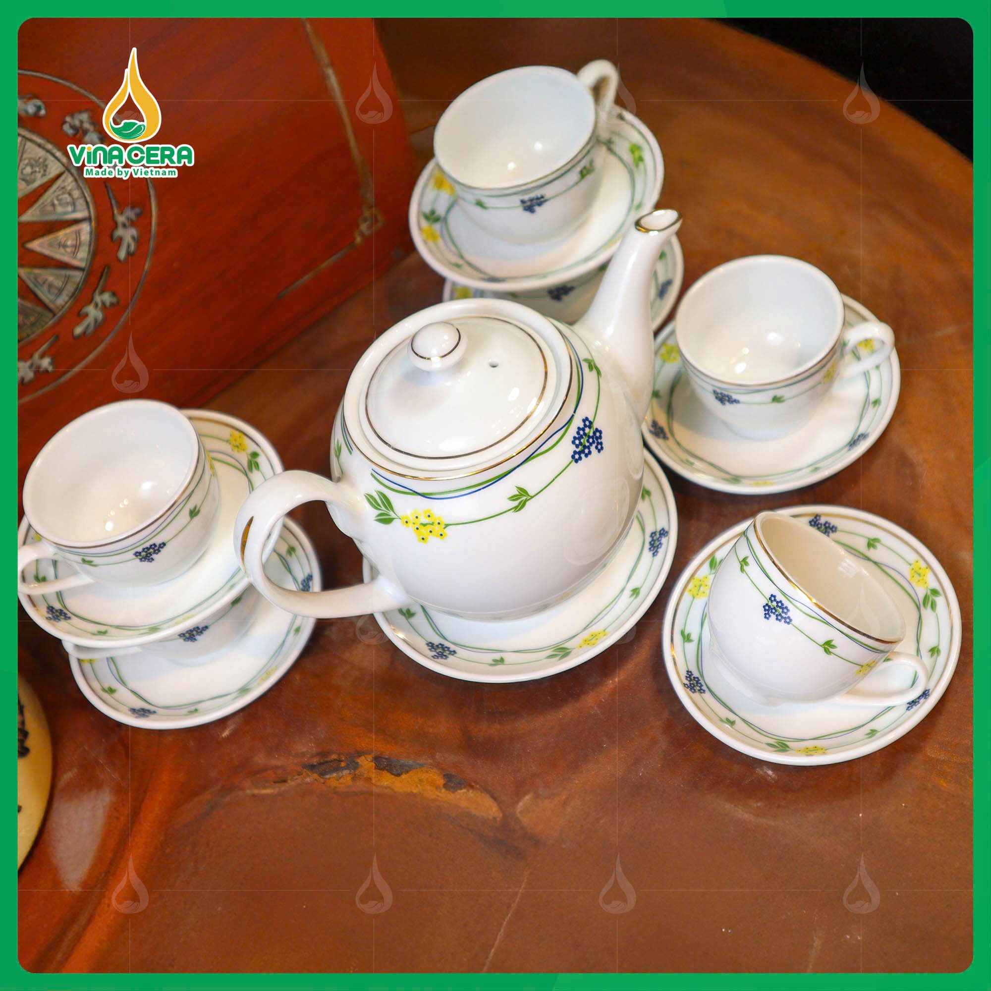 Bộ Ấm Chén Viền Dây Hoa dáng Minh Long (3) Bộ Ấm Chén Viền Dây Hoa dáng Minh Long