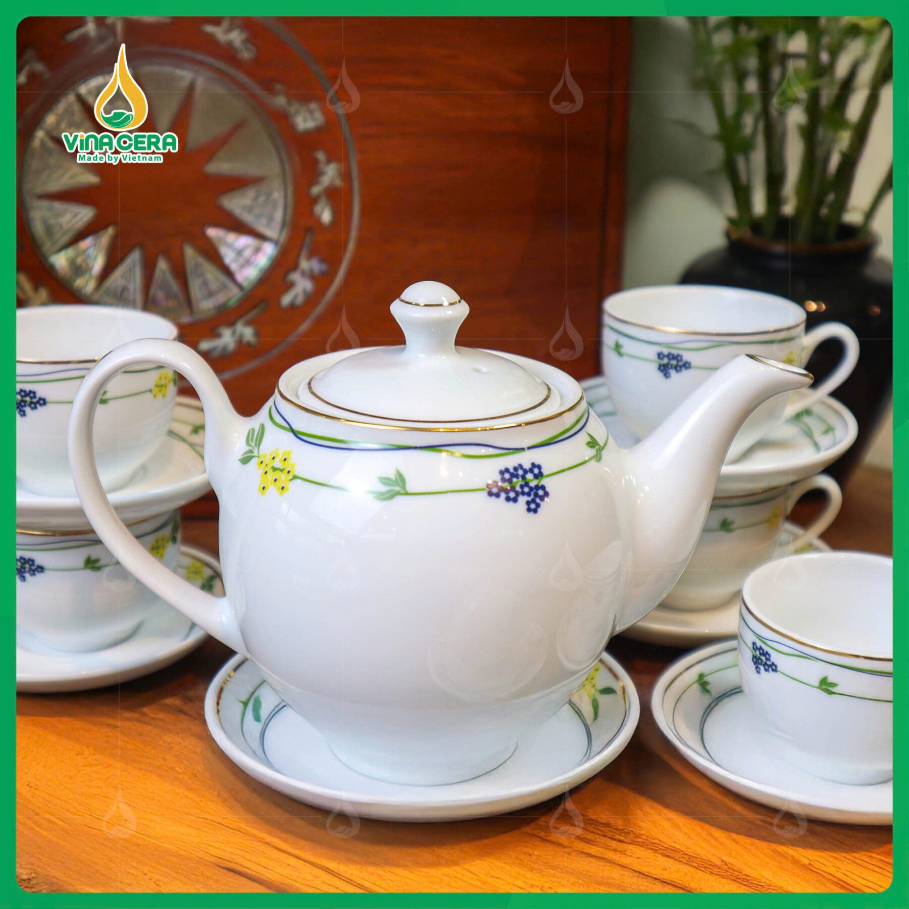 Bộ Ấm Chén Viền Dây Hoa dáng Minh Long (4) Bộ Ấm Chén Viền Dây Hoa dáng Minh Long
