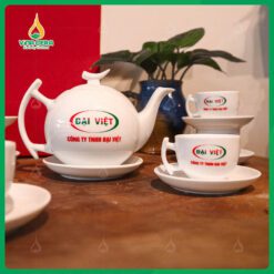 Bộ Ấm Chén Trắng Khuyết in logo Công ty Đại Việt