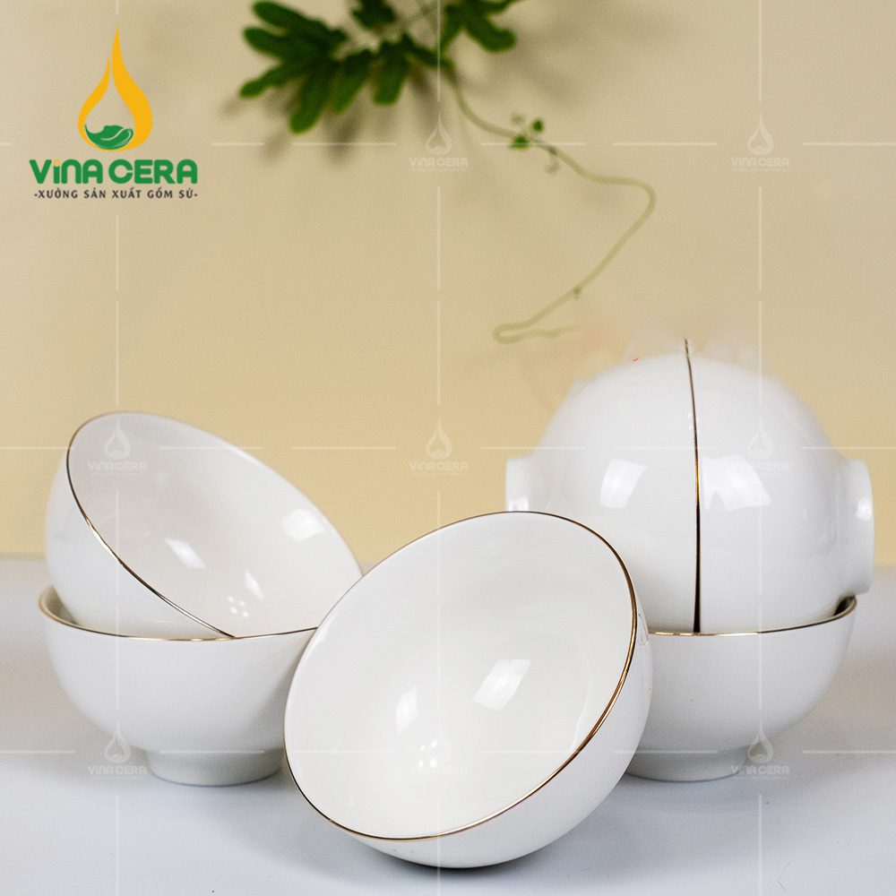 Chén cơm sứ Vinacera trắng kẻ vàng