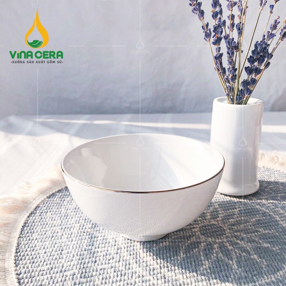 Chén cơm sứ Vinacera trắng kẻ vàng