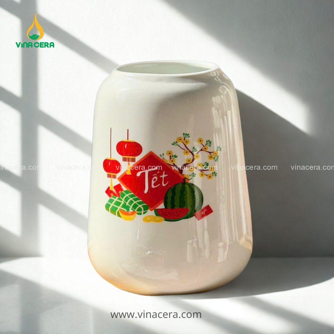 Bình Hoa Sứ Bát Tràng Dáng Trụ Hoa Văn Tết Vẽ Hoa Mai, Dưa Hấu, Bánh Chưng