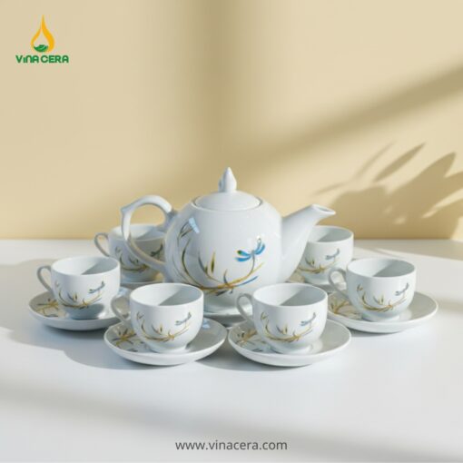 Bộ Ấm Chén Trắng Tre Chuồn Dáng Bưởi Lửa In Logo – Quà Tặng Doanh Nghiệp