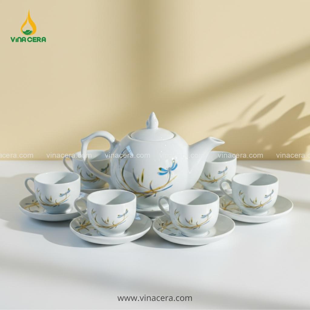 Bộ Ấm Chén Trắng Tre Chuồn Dáng Bưởi Lửa In Logo – Quà Tặng Doanh Nghiệp