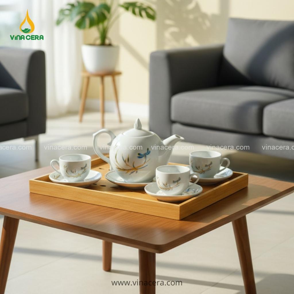 Bộ Ấm Chén Trắng Tre Chuồn Dáng Bưởi Lửa In Logo – Quà Tặng Doanh Nghiệp