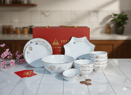 Bộ Bát Đĩa Men Trắng Hoa Sen Chỉ Vàng Kim 16 Món Bát Tràng
