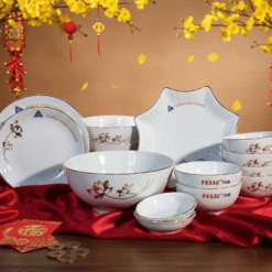 Bộ Bát Đĩa Trắng Chỉ Vàng Hoa Sen Kim 16 Món – Gốm Sứ Bát Tràng