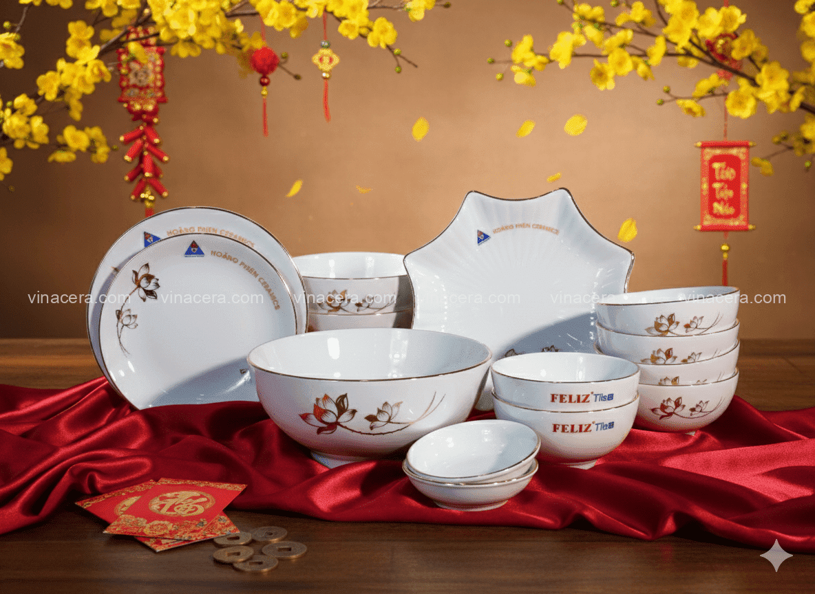 Gốm Sứ Quà Tặng Doanh Nghiệp – Giải Pháp Quà Tặng Sang Trọng, Tăng Nhận Diện Thương Hiệu Bộ Bát Đĩa Trắng Chỉ Vàng Hoa Sen Kim 16 Món – Gốm Sứ Bát Tràng