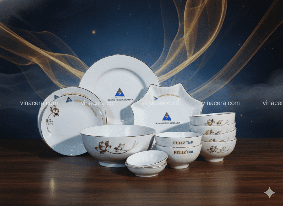 Quy Trình In Logo Lên Gốm Sứ Tại Vinacera Bộ Đồ Ăn Bát Tràng Hoa Sen Chỉ Vàng Kim 16 Món Quà Tặng Doanh Nghiệp