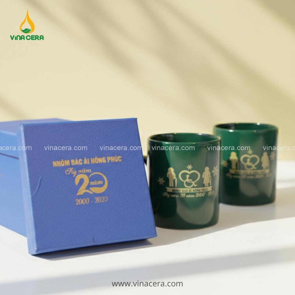Cốc Sứ Quai C Màu Xanh Bát Tràng In Logo Theo Yêu Cầu – Quà Tặng B2B