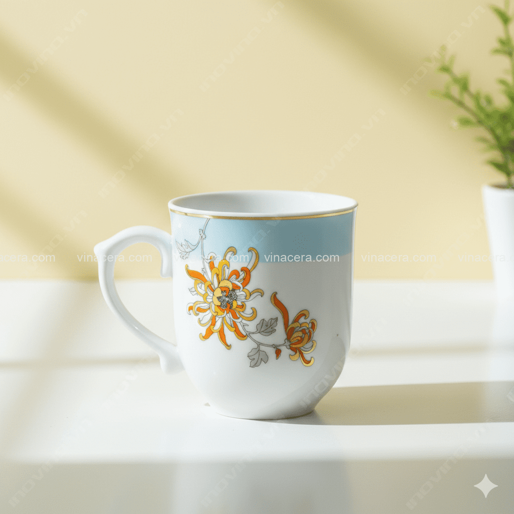 Ly Sứ Hoa Cúc Vàng Cam Viền Vàng Kim Có Nắp Đĩa Lót In Logo – Quà Tặng Doanh Nghiệp Cao Cấp
