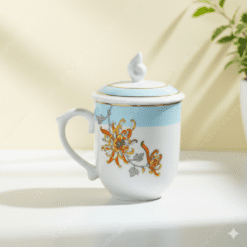 Ly Sứ Hoa Cúc Vàng Cam Viền Vàng Kim Có Nắp Đĩa Lót In Logo – Quà Tặng Doanh Nghiệp Cao Cấp
