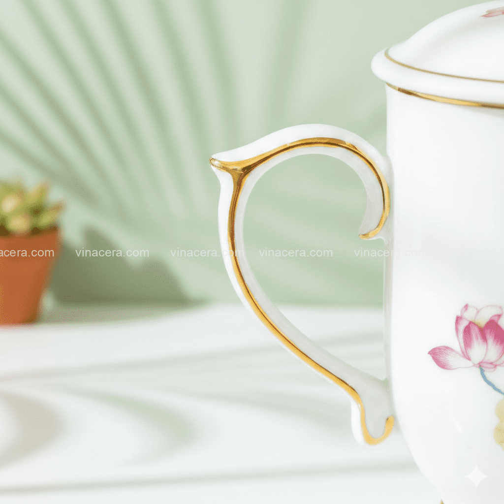 Ly sứ hoa sen hồng nắp lửa kẻ chỉ vàng in logo làm quà tặng doanh nghiệp cao cấp