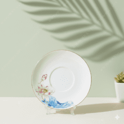 Ly sứ bát tràng hoa sen hồng nắp lửa kẻ chỉ vàng in logo làm quà tặng doanh nghiệp cao cấp
