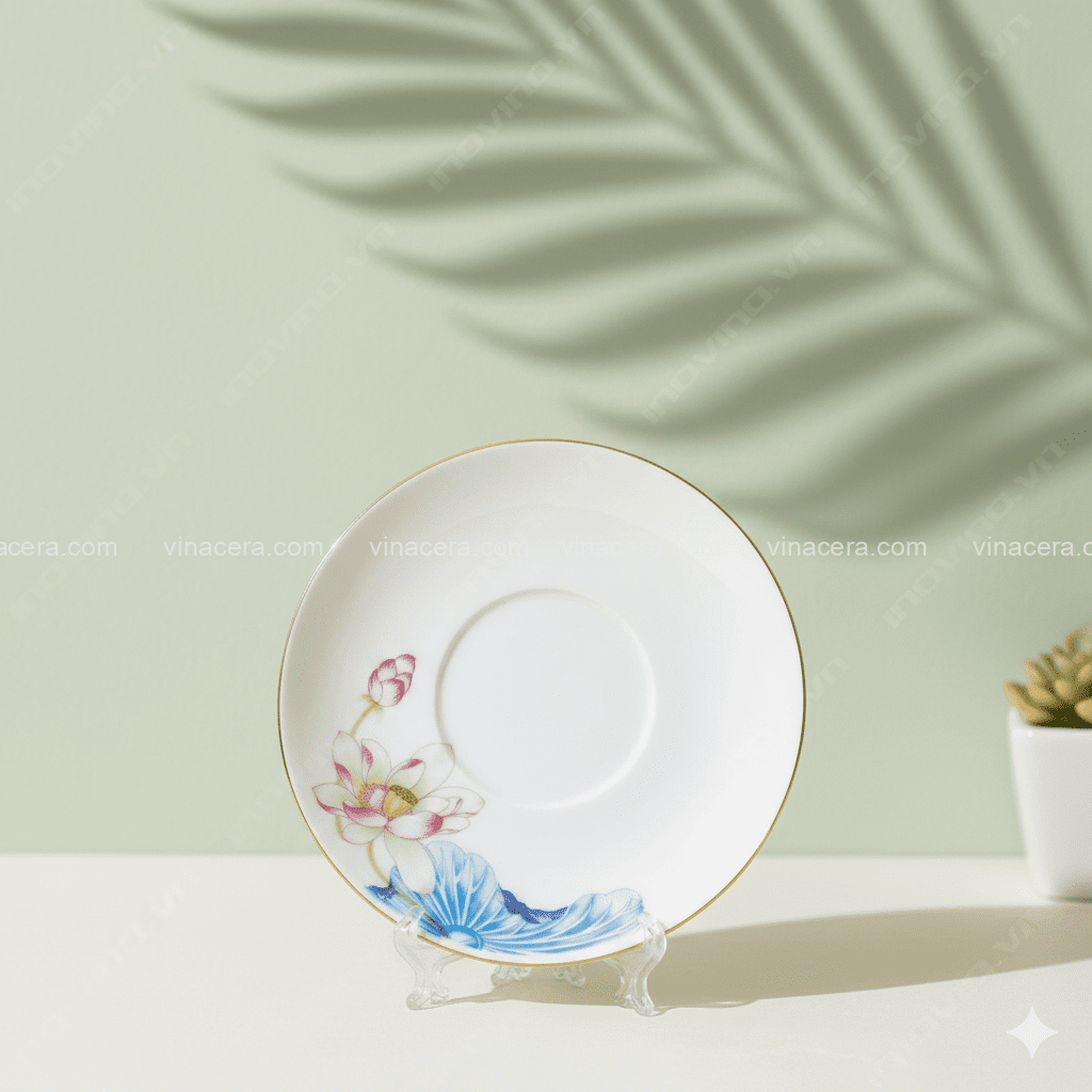 Ly sứ bát tràng hoa sen hồng nắp lửa kẻ chỉ vàng in logo làm quà tặng doanh nghiệp cao cấp