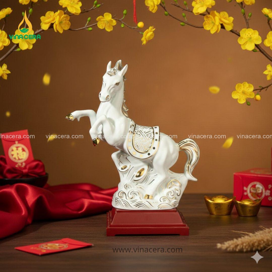 Tượng Bạch Mã Vẽ Vàng Kim Gốm Sứ Bát Tràng Cao Cấp