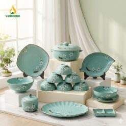 Bộ bát đĩa Bát Tràng hoa mai xanh cao cấp dành cho nhà hàng, thiết kế đồng bộ sang trọng