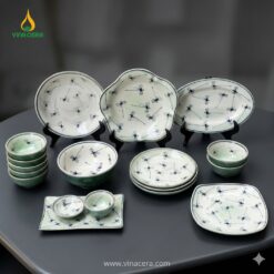 Bát đĩa Bát Tràng men xanh đồng vẽ tay in logo theo yêu cầu cho doanh nghiệp