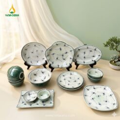 Bộ bát đĩa Bát Tràng men xanh đồng họa tiết chuồn chuồn vẽ tay cao cấp