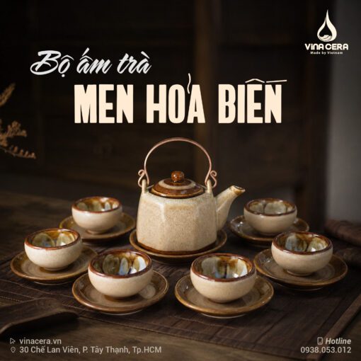Bộ Ấm Trà Men Hỏa Biến Lục Giác Men Gấm In Logo Cao Cấp Bát Tràng