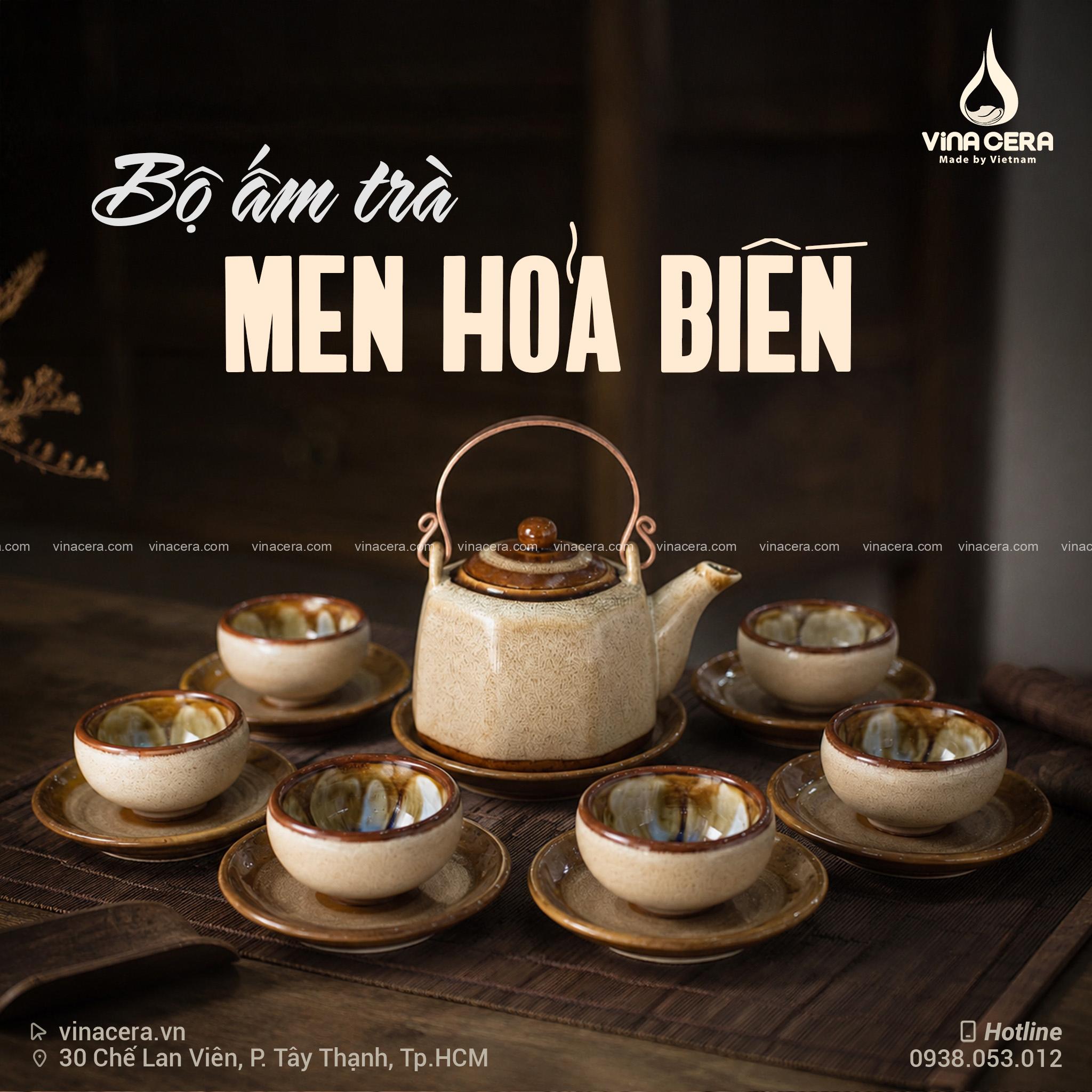 Bộ Ấm Trà Men Hỏa Biến Lục Giác Men Gấm In Logo Cao Cấp Bát Tràng