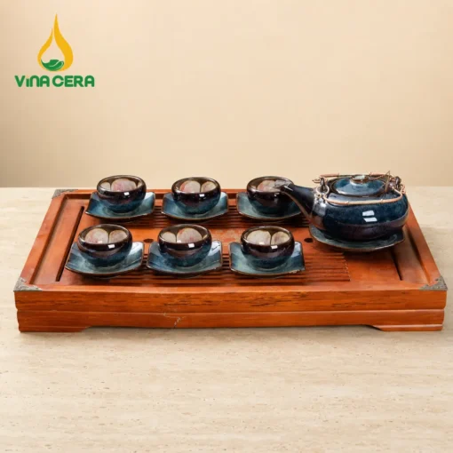Bộ Ấm Chén Men Hỏa Biến Lam Dạ Dáng Tròn Quai Đồng Kèm Khay Gỗ