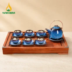Bộ Ấm Chén Men Hỏa Biến Thanh Lam Dáng Siêu Quai Đồng Kèm Khay Gỗ