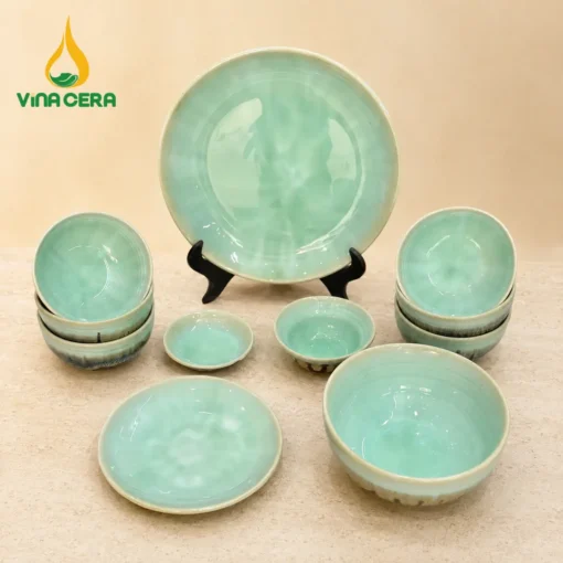 Bộ Bát Đĩa Men Hỏa Biến Xanh Ngọc 11 Món – Gốm Bát Tràng