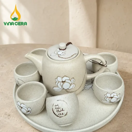 Bộ Trà Bạch Liên An Trú Thảnh Thơi – Ấm Quai Sứ, Khay Tròn Bộ trà Bạch Liên ấm quai sứ khay tròn