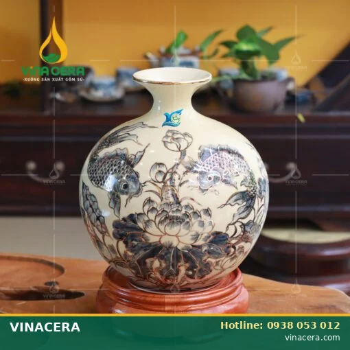 Bình hút lộc cá chép hoa sen gốm sứ Bát Tràng
