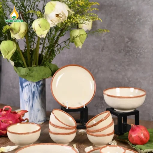 Bộ Bát Đĩa Bát Tràng Men Kem Viền Nâu Phong Cách Mộc Bộ bát đĩa Bát Tràng men kem viền nâu phong cách mộc Vinacera