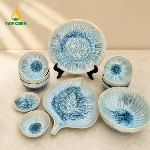Bộ bát đĩa men xanh đá hỏa biến Vân Lam quà tặng khách hàng Vinacera