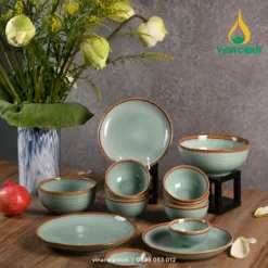 Bộ bát đĩa sứ men ngọc xanh ngọc viền nâu Vinacera